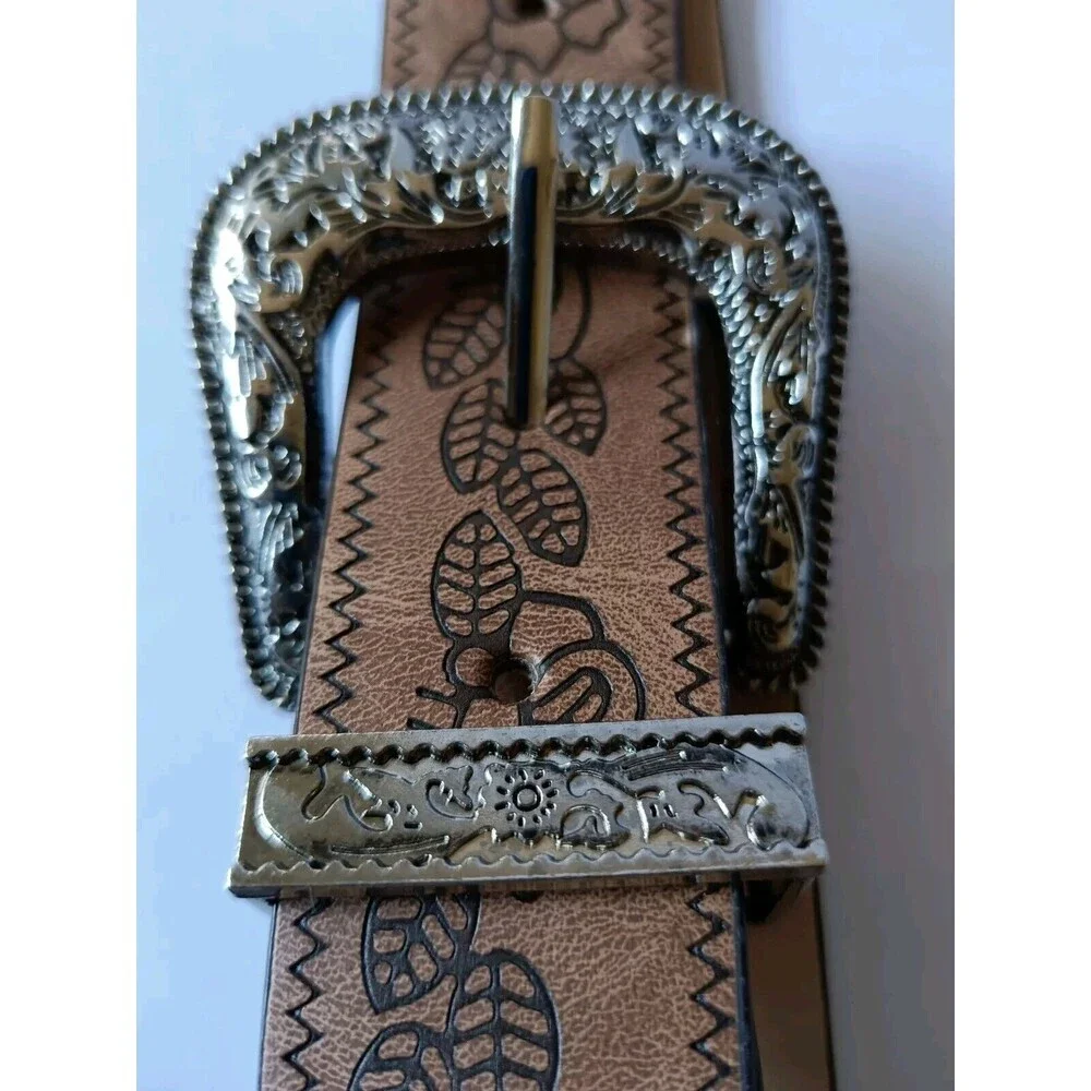 Western Floral Belt Genuine Leather Women's Size 42 Brown Silver Buckle